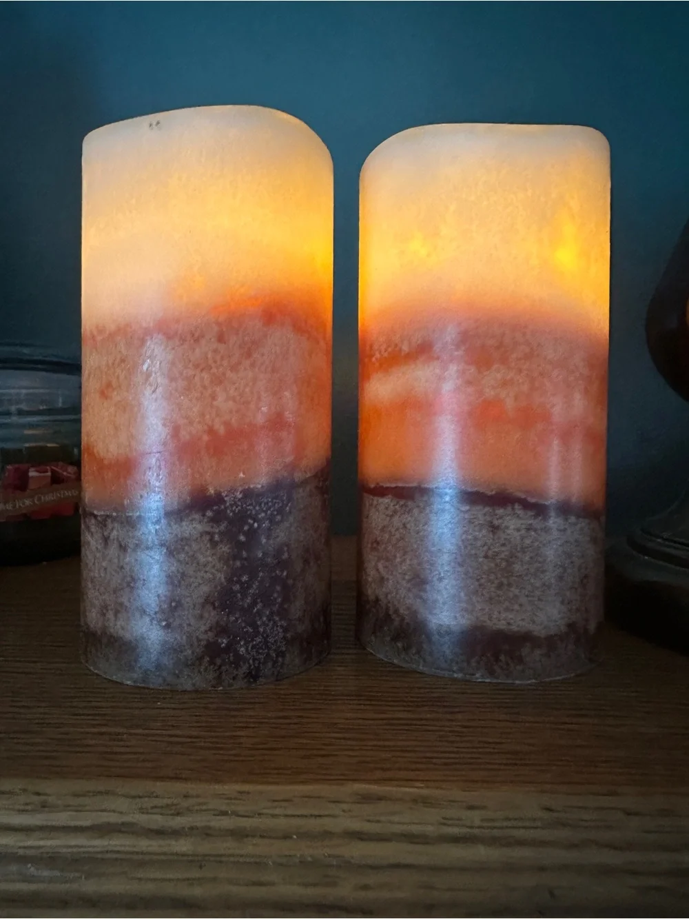 Brass and Amber Glass Candle Holders with Brown Gradient Pillar LED Candles